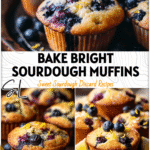 Golden Lemon Blueberry Sourdough Muffins topped with fresh blueberries and zest on a rustic tray